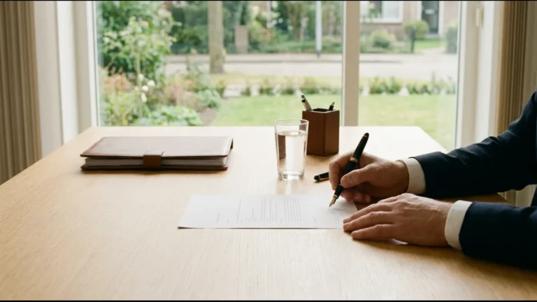 Iemand ondertekent een akte met een vulpen aan een lichte tafel bij de notaris