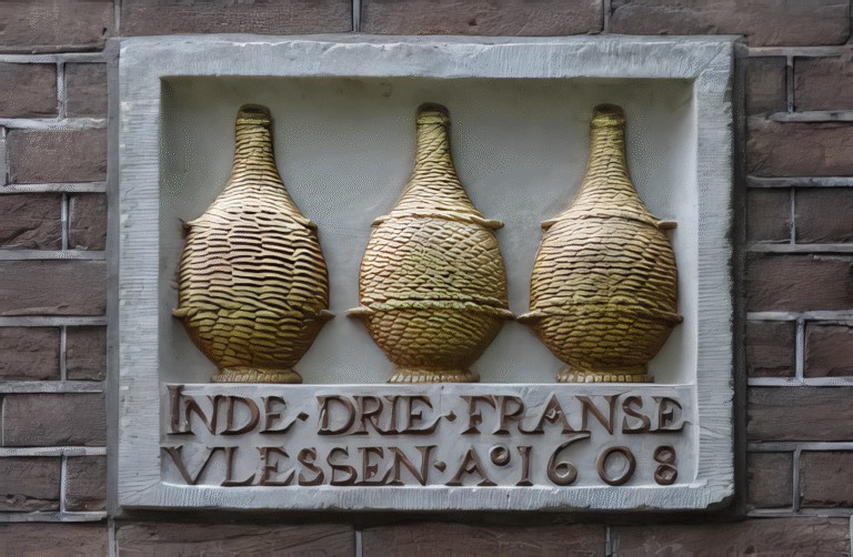 Gevelsteen 'In de Drie Franse Vlessen' uit 1608 in Amsterdam