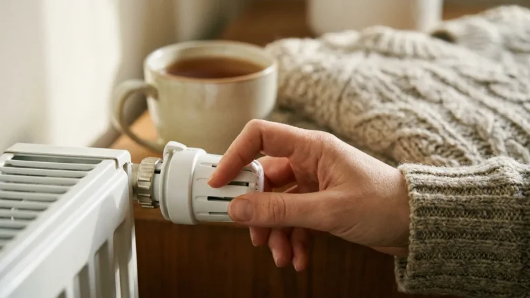 Hand die de thermostaatknop van een radiator lager draait