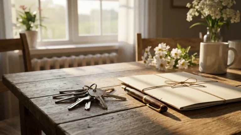 Huissleutels, een pen en een document op een houten keukentafel